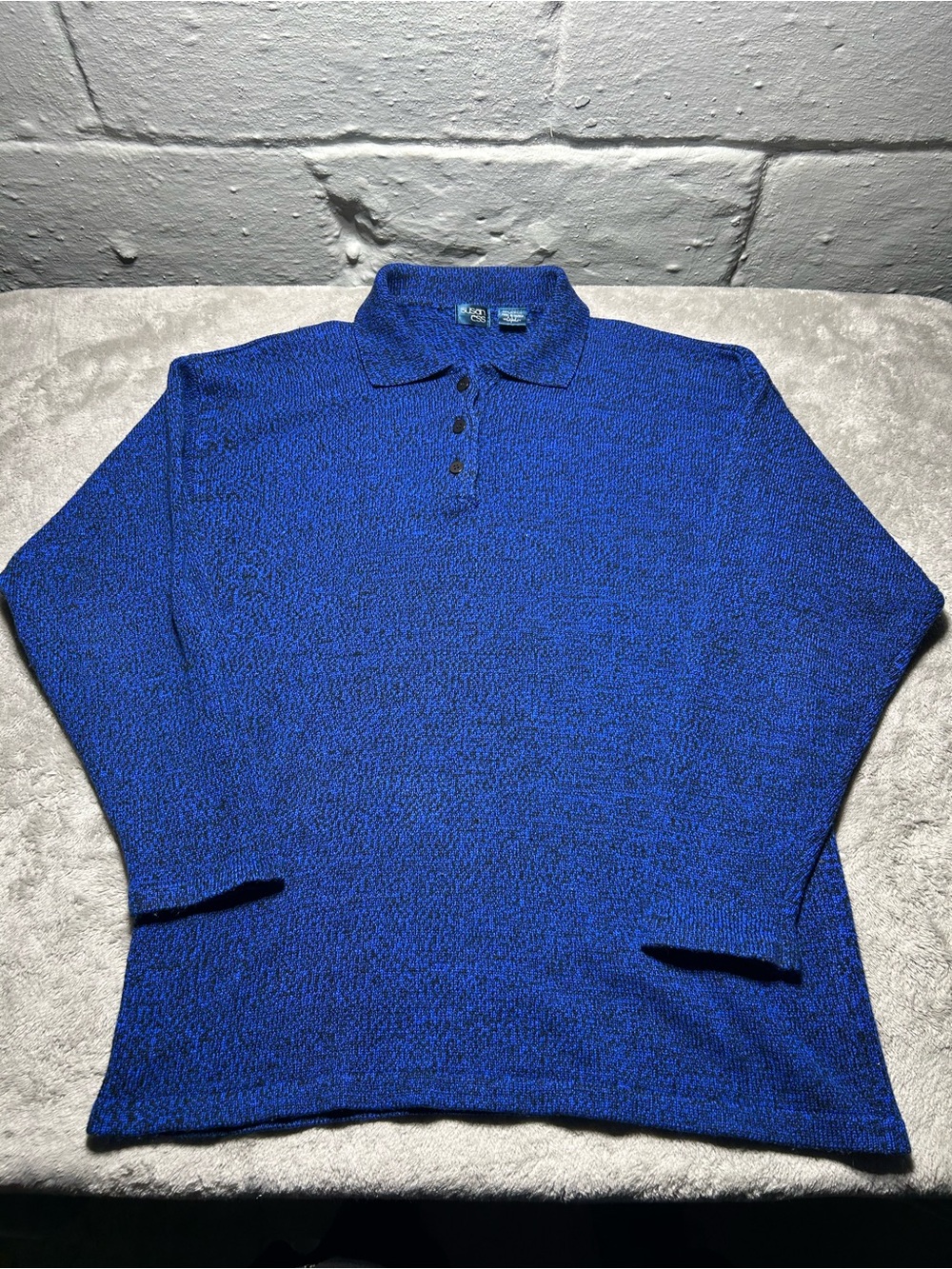 Vintage Susan Ess Knit Polo Sweater Mens Large Blue Black Marled Long Sleeve